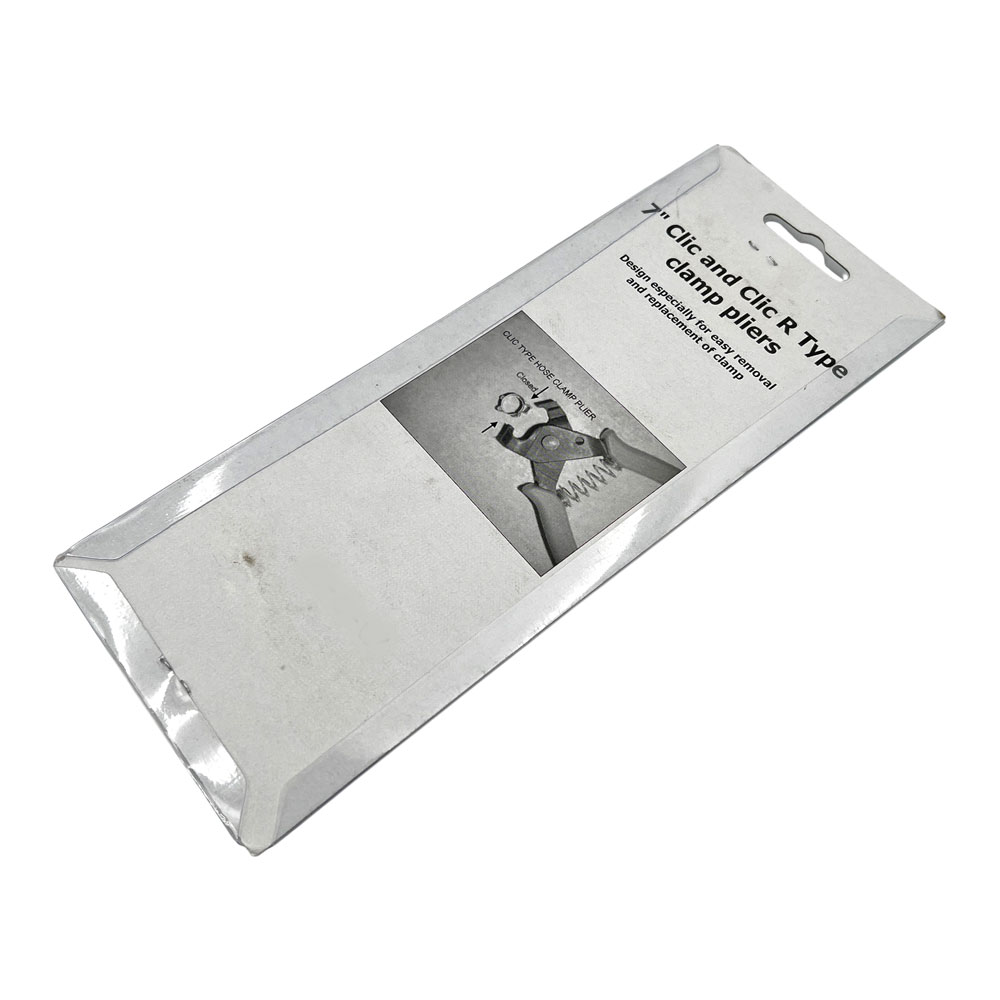 Originalverpackte Schlauchklemmen-Zange für COBRA, CLIC und CLIC-R Schlauchschellen. Die Verpackung zeigt eine 7 Zoll Zange, die speziell zum Entfernen und Ersetzen von CLIC und CLIC-R Schlauchschellen entwickelt wurde, mit einem Anwendungsbild.