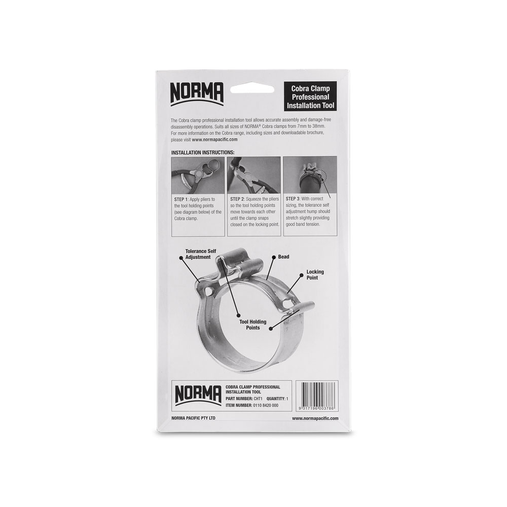 NORMA Handzange für COBRA Schellen: Professionelles Installationswerkzeug für präzise und beschädigungsfreie Montage von Cobra-Klemmen. Verpackung der NORMA Handzange für COBRA Schellen. Das Bild zeigt Installationsanweisungen mit drei illustrierten Schritten zur Montage von Cobra-Klemmen sowie ein detailliertes Diagramm einer Klemme mit beschrifteten Haltepunkten und Einstellmöglichkeite