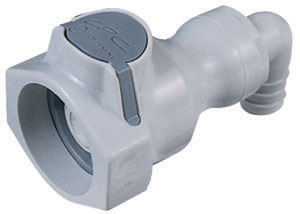 95400 - Winkelkupplung mit 12,7 mm Schlauchanschluss, mit Absperrventil, Silikon-O-Ring (UDC) Graue Kunststoff-Winkelkupplung 95400 mit 12,7 mm Schlauchanschluss, Absperrventil und Silikon-O-Ring (UDC).