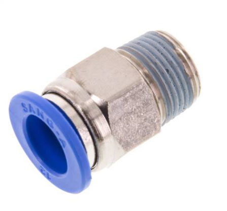 Gerader Einschraub-Steckanschluss IQS: Metallfitting mit Steck- und Schraubanschluss. Gerader Einschraub-Steckanschluss IQS aus Metall mit blauem Lösering und Außengewinde.