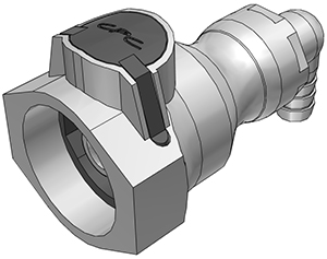 99400 CPC-Winkelkupplung mit 9,5 mm Schlauchanschluss, Absperrventil, FDA-konform, EPDM-O-Ring (UDC). Graue CPC-Winkelkupplung mit 9,5 mm Schlauchanschluss, integriertem Absperrventil und Schnellverschlussmechanismus.