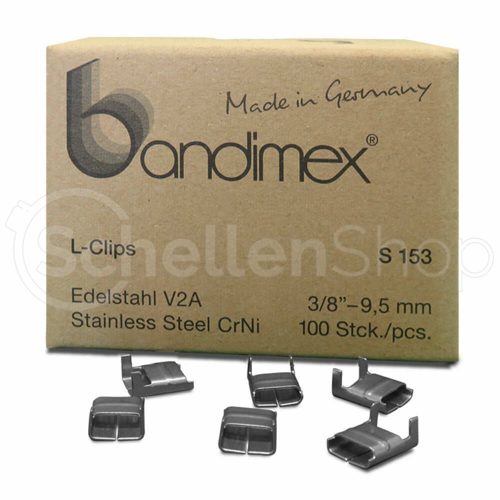 S153_Bandimex_L_Clips_V2A_9-5mm Bandimex L-Clips S153 für Bandbreite 9 mm (3⁄8″), V2A Edelstahl