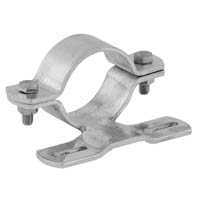 Schilderbefestigung / Schilderschelle aus Metall für die sichere und stabile Montage von Schildern. Schilderbefestigung / Schilderschelle aus robustem Metall, bestehend aus einer Klemmschelle mit zwei Sechskantschrauben und einer flachen Montageplatte.