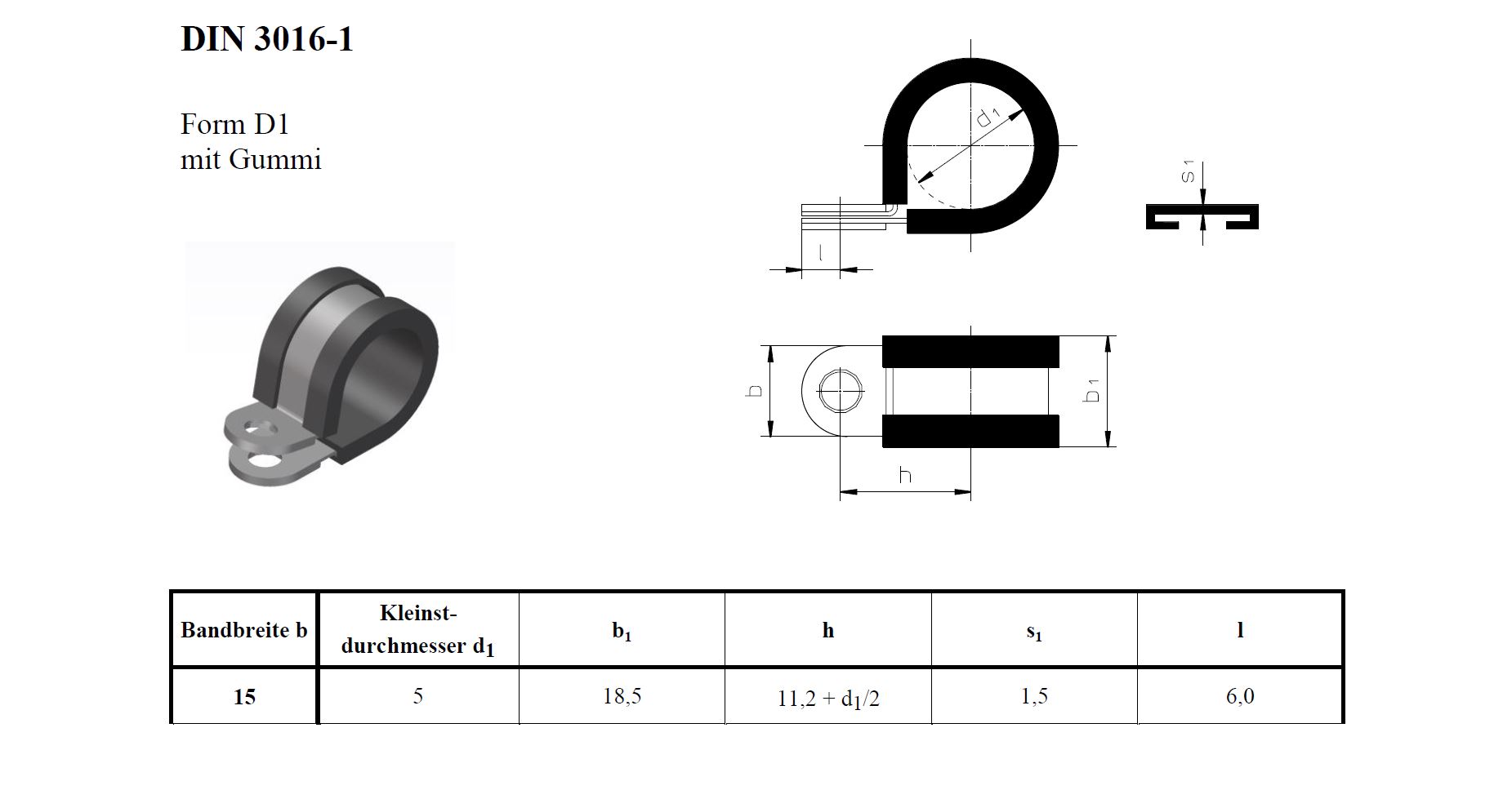 Rohrschelle RSGU 15 mm | DIN 3016 D1 MAßblatt Rohrschelle RSGU 15 mm | DIN 3016 D1 MAßblatt