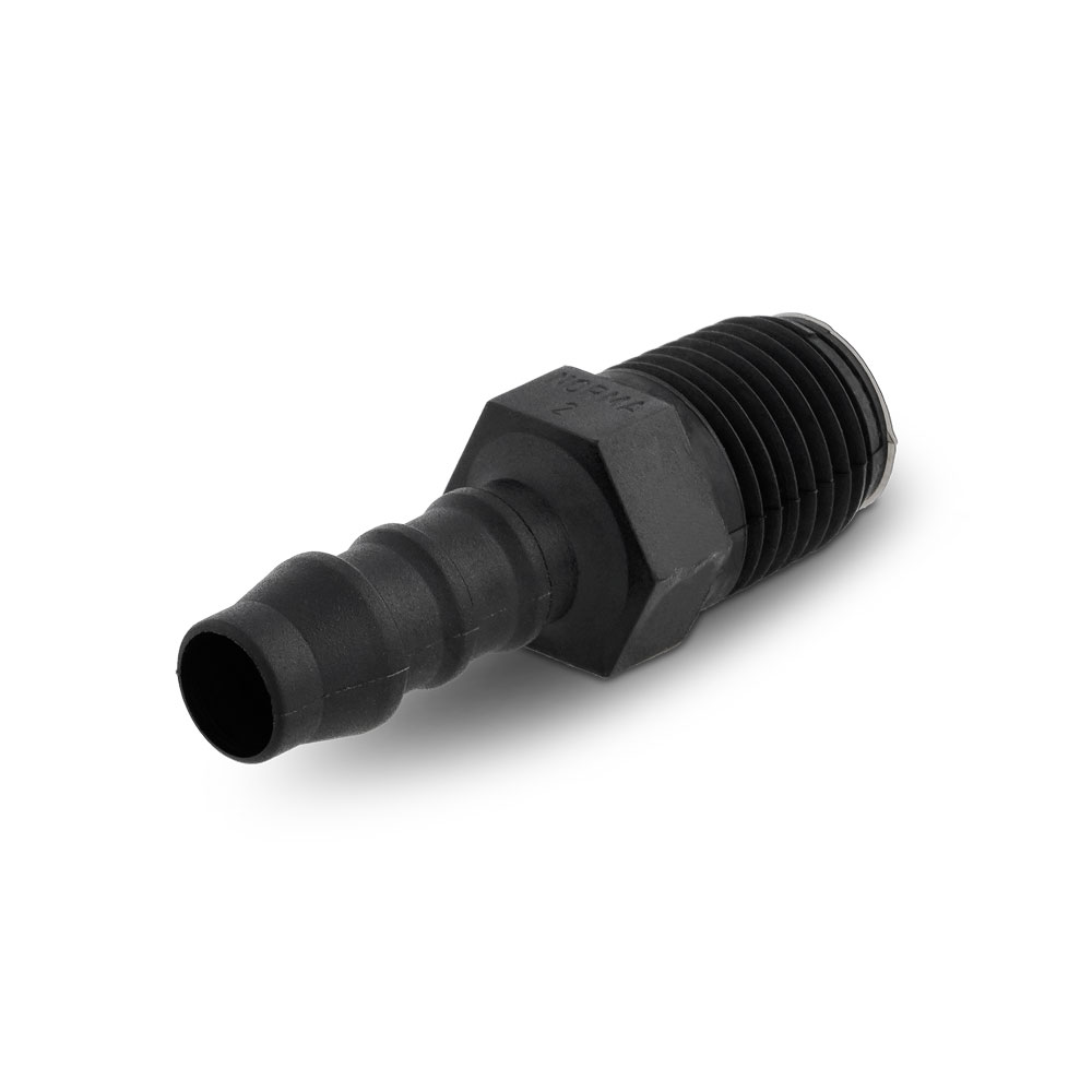 GES gerade Einschraubstutzen | Gewindetülle aus Kunststoff: Robuster schwarzer Kunststoff-Fitting für sichere Schlauch- und Gewindeverbindungen. GES gerade Einschraubstutzen | Gewindetülle aus Kunststoff: Schwarzes, gerades Kunststoff-Verbindungsstück mit Schlauchtülle und Außengewinde.