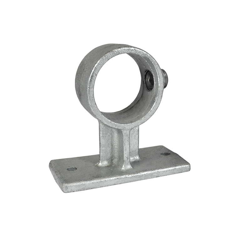 Handlaufhalterung Geländerführung Rundrohr, Typ 34. Robuste Halterung aus verzinktem Stahl für Rundrohre. Handlaufhalterung Geländerführung Rundrohr, Typ 34. Verzinkte Metallhalterung mit runder Rohraufnahme und flacher Montageplatte.