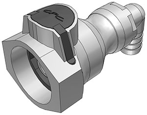 97700 - CPC-Winkelkupplung mit 12,7 mm Schlauchanschluss und Absperrventil (FDA, Buna-O-Ring) 97700 - CPC-Winkelkupplung mit 12,7 mm Schlauchanschluss, mit Absperrventil, FDA, Buna-O-Ring (UDC). Eine hellgraue Winkelkupplung mit einem integrierten schwarzen Absperrventil und einem gebogenen Schlauchanschluss.