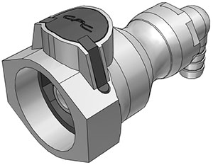 99300 - CPC-Winkelkupplung mit 9,5 mm Schlauchanschluss, Absperrventil, FDA, Silikon-O-Ring (UDC) 99300 - CPC-Winkelkupplung in Grau, mit 9,5 mm Schlauchanschluss und integriertem Absperrventil, von der Seite betrachtet.