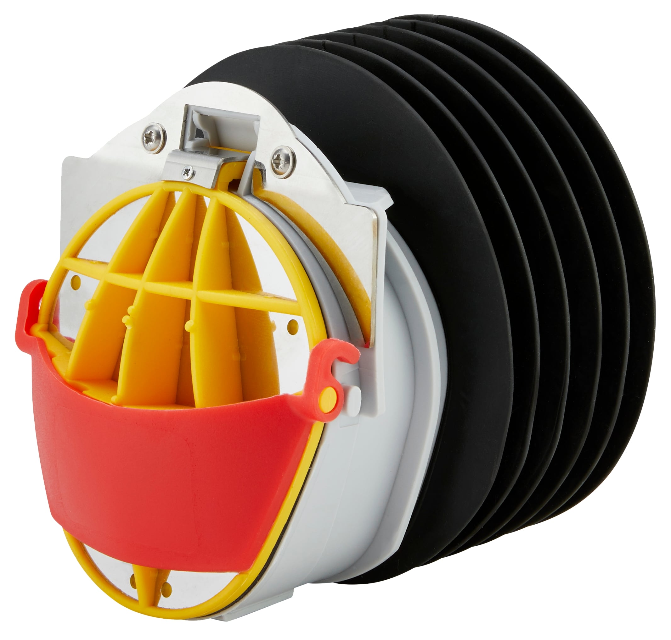Rückstauklappe / Froschklappe für Rohreingänge / Rohrmuffen, mit schwarzem Faltenbalg, gelbem Gitterverschluss und roter Halterung, schräg von vorne gezeigt.