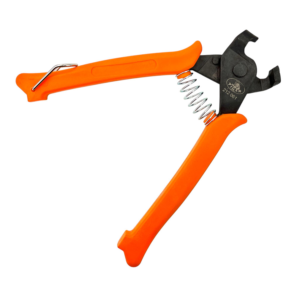 Schlauchklemmen-Zange für COBRA, CLIC und CLIC-R Schlauchschellen mit leuchtend orangen Griffen, schwarzem Zangenkopf und sichtbarer Rückholfeder, dargestellt auf weißem Hintergrund.