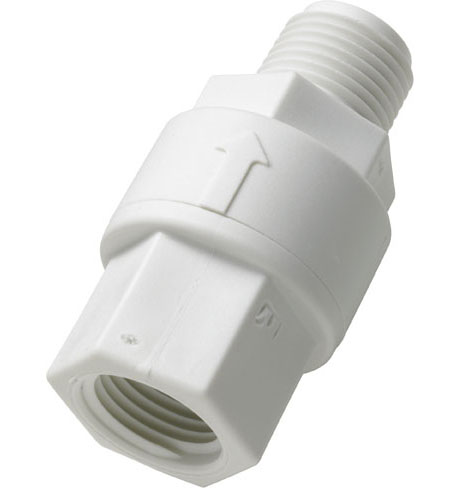 2478900 - Rückschlagventil mit 1/2" NPT Außengewinde und 1/2" NPT Innengewinde, EPDM-Dichtung Weißes Rückschlagventil 2478900 mit 1/2 Zoll NPT Außengewinde und 1/2 Zoll NPT Innengewinde, EPDM-Dichtung und Strömungsrichtungspfeil, schräg von vorne aufgenommen.