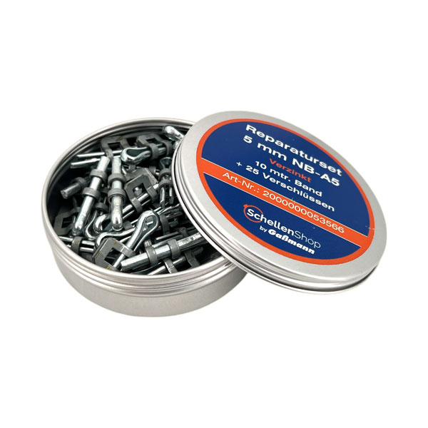 Reparaturset NB-A 5 mm mit 10 m Bandrolle und 25 Verschlüssen, Stahl verzinkt Reparaturset NB-A 5 mm mit 10 m Bandrolle und 25 Verschlüssen, Stahl verzinkt