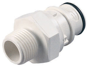 Weißer HFC24835 CPC Schlauchtüllenadapter aus Kunststoff mit 1/2 Zoll NPT Außengewinde und Schnellverschlussende inklusive EPDM-Dichtung. Das Bauteil ist ohne Absperrventil.