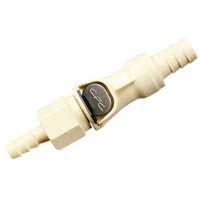 PLC12-Serie CPC-Kupplung: Schnellkupplung aus Kunststoff für sichere Schlauchverbindungen Beigefarbene PLC12-Serie CPC-Kupplung mit zwei Schlauchanschlüssen und grauem CPC-Entriegelungsknopf