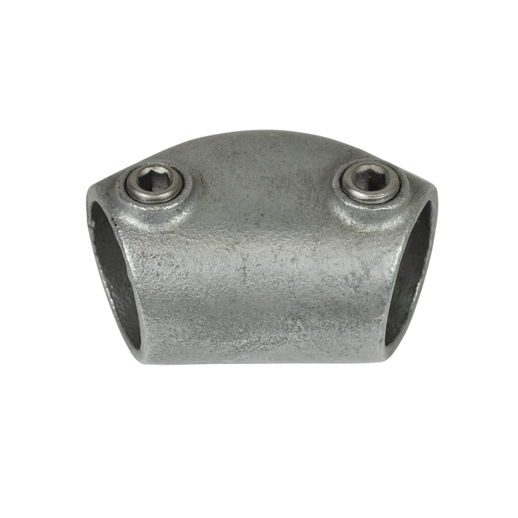 Metallischer Rohrverbinder mit zwei Innensechskantschrauben auf weißem Hintergrund.