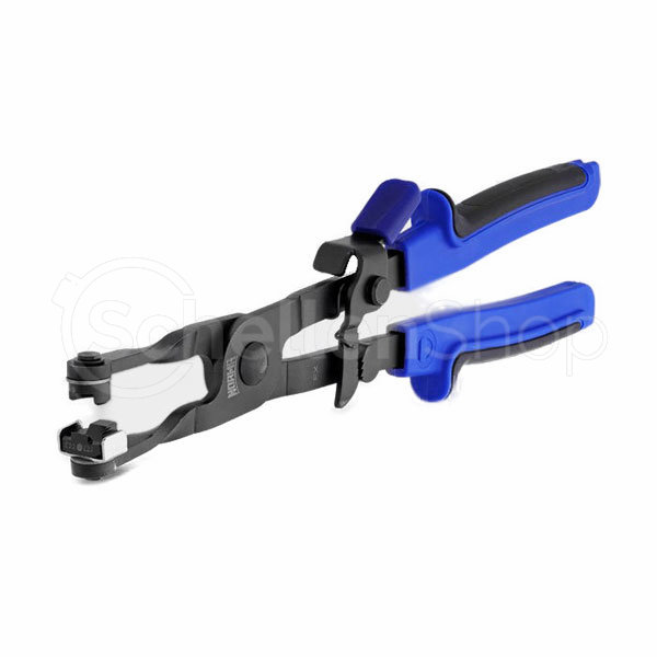 Handzange für FBS Federbandschellen: Präzisionswerkzeug zum einfachen Öffnen und Schließen von Federbandschellen, schwarz-blau Handzange für FBS Federbandschellen, schwarz mit blauen ergonomischen Griffen, geöffnet auf weißem Hintergrund.