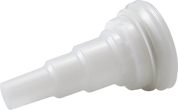 DQPRO20BCS70 - Fasseinsatz mit 70 mm BSC-Gewinde für europäische 70x6 und asiatische 70x5, EPDM DQPRO20BCS70 Fasseinsatz aus weißem, transluzentem EPDM mit konischer Form und 70 mm BSC-Gewinde, geeignet für europäische 70x6 und asiatische 70x5 Behälter.