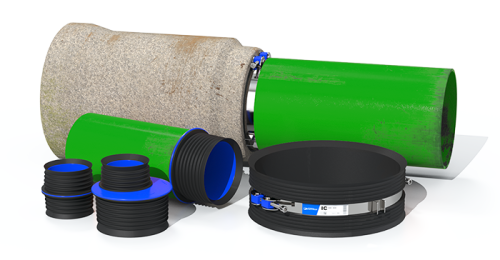 Rohrverbinder, Rohrkupplung, Rohre verbinden: Eine vielfältige Auswahl an flexiblen Rohrverbindungen und -kupplungen. Im Bild sind ein Betonrohr, ein grünes Kunststoffrohr, sowie schwarze, flexible Rohrverbinder mit blauen Dichtungen und Metallspannbänder