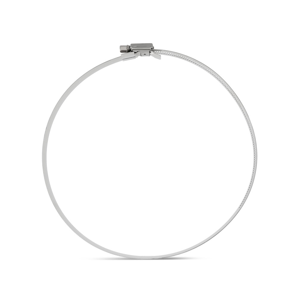 Hi-Torque Schilderschelle für Schilderbefestigung – robustes, verstellbares Metallband mit zuverlässigem Schraubmechanismus. Hi-Torque Schilderschelle / Schilderbefestigung, ein silbernes, flexibles Metallband mit integriertem Schraubverschluss, freigestellt auf weißem Hintergrund.