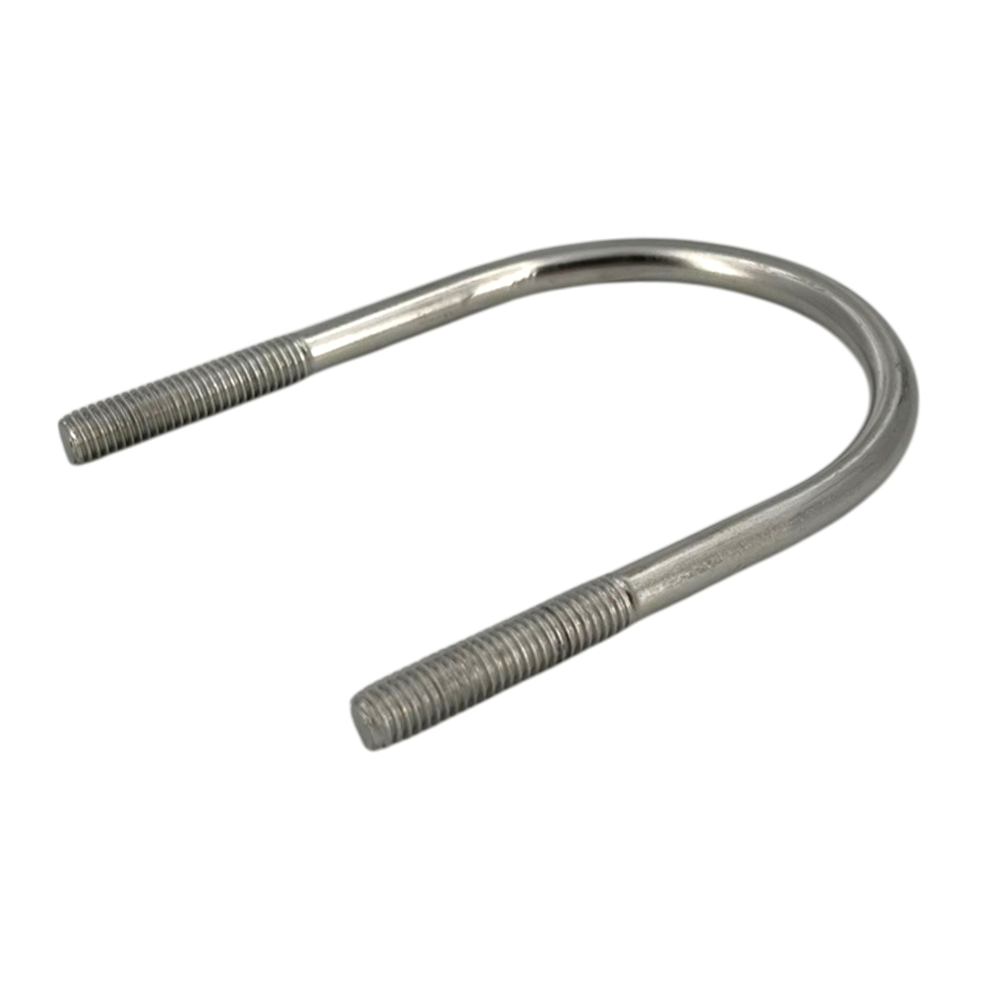 Ein glänzender Rundstahlbügel aus Edelstahl A2, U-förmig gebogen. Die zwei parallelen Enden sind M8-Gewinde. Die Bügelmaße betragen 70 x 100 mm, ähnlich DIN 3570.