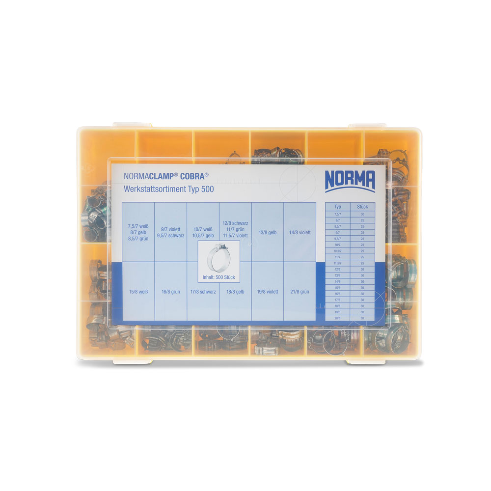 COBRA Schlauchschellen Sortiment Typ 500: Hochwertiges Werkstattsortiment mit 500 Schlauchschellen in stabiler, transparenter Sortierbox. COBRA Schlauchschellen Sortiment Typ 500 in transparenter gelber Sortierbox, enthält 500 Schlauchschellen verschiedener Größen und Farben, übersichtlich angeordnet.
