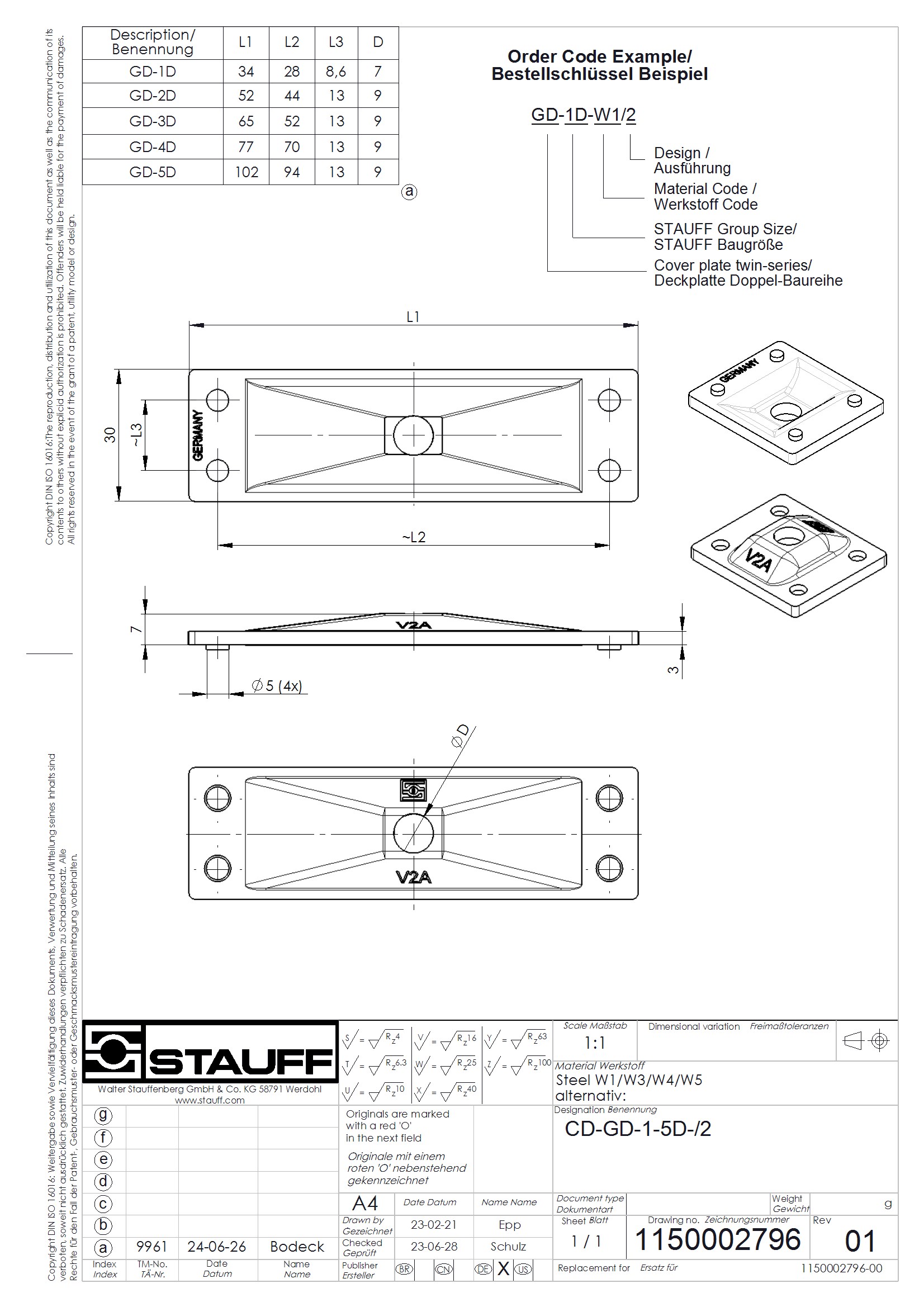 Technische Zeichnung einer STAUFF Deckplatte für die Doppel-Baureihe aus Stahl, dargestellt in Aufsicht, Seitenansicht und isometrischer Ansicht, mit detaillierten Maßen für verschiedene Größen (GD-1D bis GD-5D) und einem Beispiel für den Bestellschlüssel