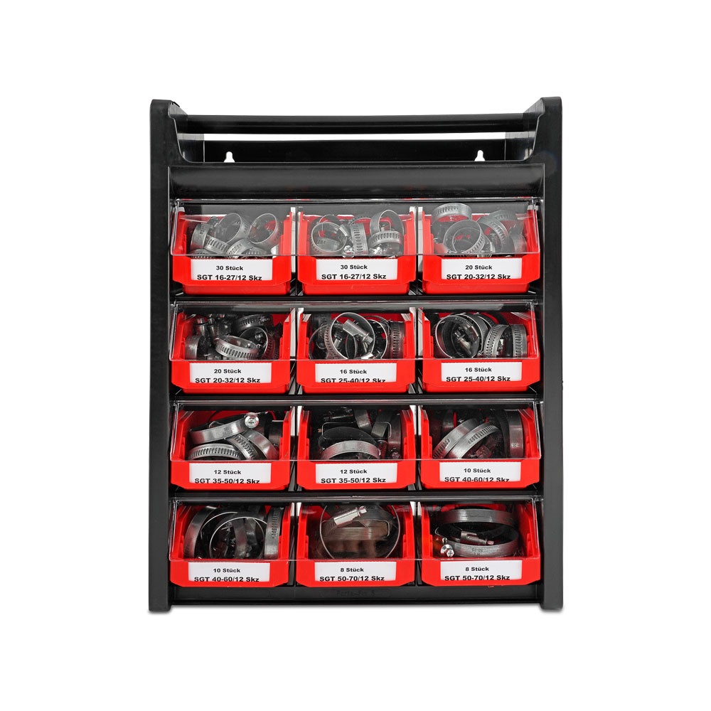 Schlauchschellen-Sortiment SGT 16-70/12 Skz im Organizer, ideal für Werkstatt und Heimwerker. Schwarzes Sortiersystem mit 12 transparenten Schubladen, gefüllt mit einer Auswahl an silbernen Schlauchschellen in verschiedenen Größen und Mengen.
