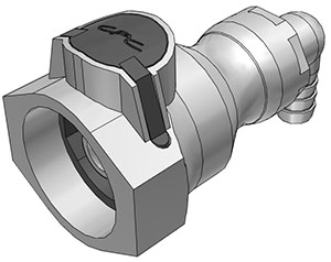 97800 CPC-Winkelkupplung mit 9,5 mm Schlauchanschluss und Absperrventil für sichere Fluidverbindungen, FDA-konform mit Buna-O-Ring (UDC). Graue 97800 CPC-Winkelkupplung mit 9,5 mm Schlauchanschluss und Absperrventil, passend für FDA-Anwendungen mit Buna-O-Ring.