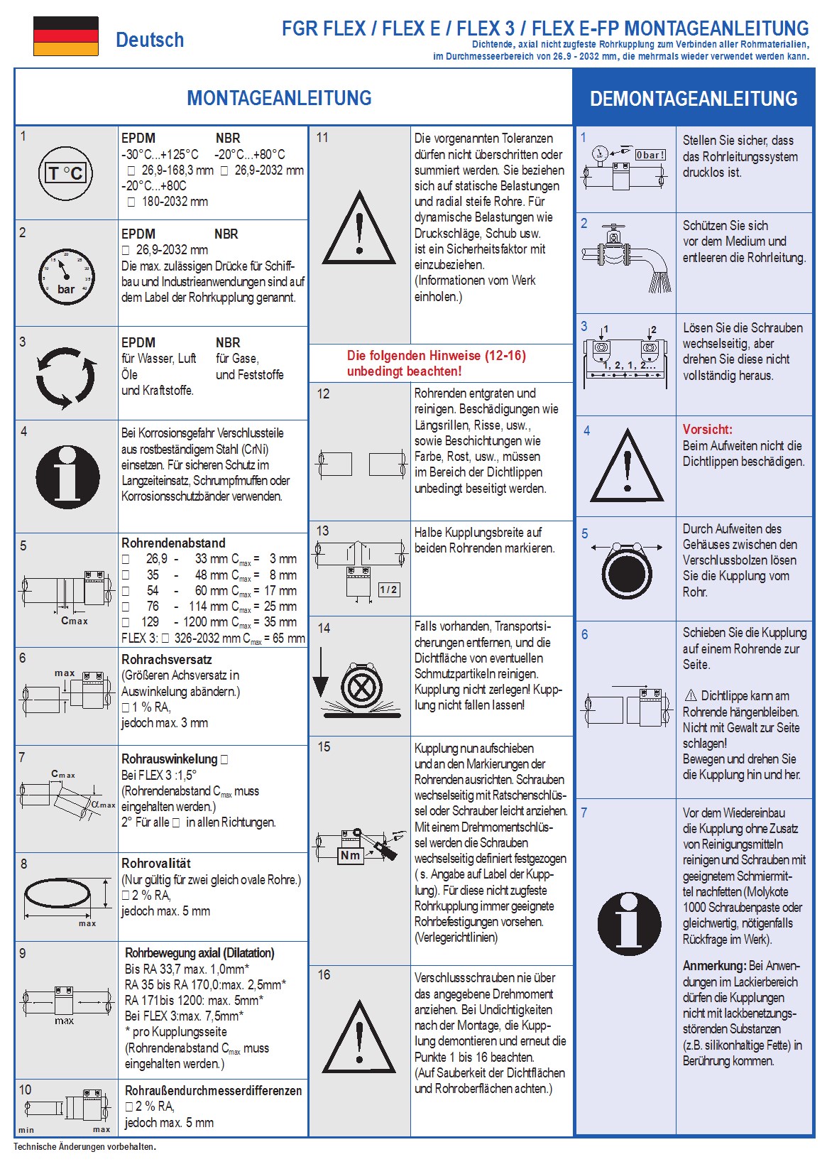 Deutschsprachige Montage- und Demontageanleitung für FGR FLEX / FLEX E / FLEX 3 / FLEX E-FP Rohrkupplungen, inklusive technischer Daten und Sicherheitshinweise.