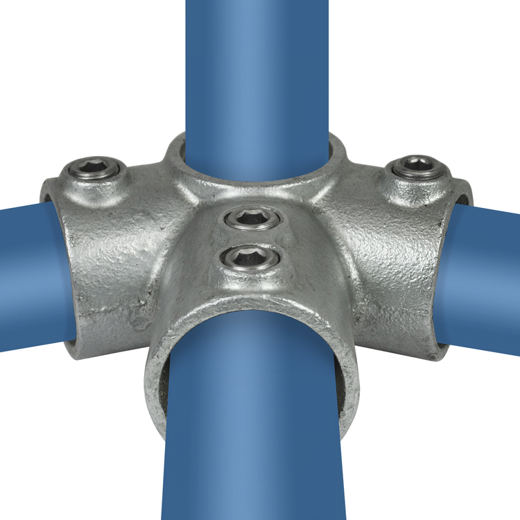 Rohrverbinder Traufentopstück 27,5° für Dachkonstruktionen - Typ 91 aus silbernem Gussmetall, der vier blaue Rohre in einer stabilen Kreuzverbindung hält. Die Inbusschrauben zur Fixierung der Rohre sind gut sichtbar.