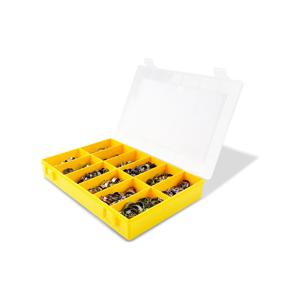 COBRA Schlauchschellen Sortiment – Praktische Sortierbox mit umfassender Auswahl an Schlauchschellen. COBRA Schlauchschellen Sortiment in gelber, offener Sortierbox, gefüllt mit verschiedenen Größen und Typen von Metall-Schlauchschellen.