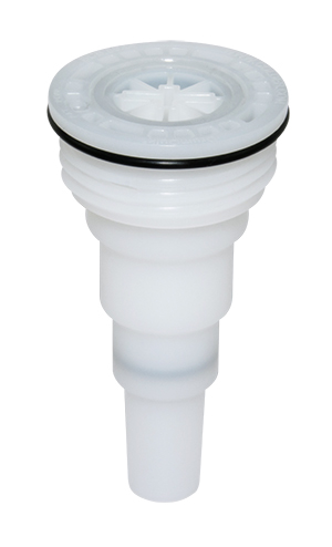 DQPRO2056X4 - DrumQuik Pro Einsatz, weiß, mit 56x4 BSC-Gewinde (metrisch) und EPDM-Dichtung für die sichere Flüssigkeitsentnahme. Weißer DQPRO2056X4 DrumQuik Pro Einsatz mit metrischem 56x4 BSC-Gewinde und schwarzer EPDM-Dichtung, auf weißem Hintergrund.