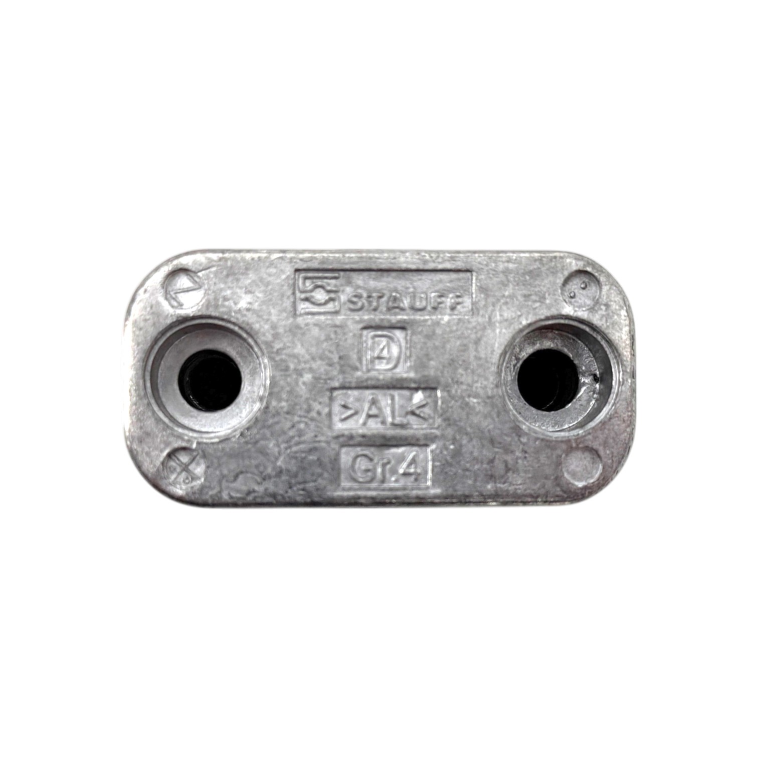 STAUFF Rohrschelle Aluminium Standard Baureihe – AL. Draufsicht auf ein einzelnes silbernes Aluminium-Schellenoberteil mit zwei runden Befestigungsöffnungen und eingeprägtem STAUFF Logo sowie der Kennzeichnung AL Gr.4.