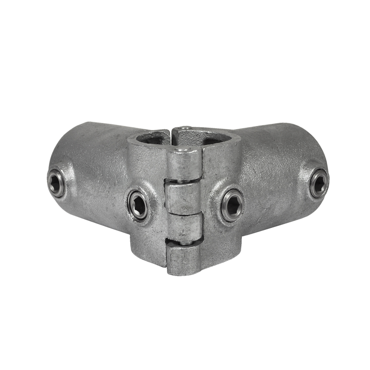 Eckstück Typ 20O – klappbarer 90° Rohrverbinder durchlaufend: Flexibler Metallverbinder für Rohrsysteme mit Scharnierfunktion für abwinkelbare Konstruktionen. Eckstück Typ 20O: Silberfarbener, klappbarer 90° Rohrverbinder in durchlaufender Ausführung mit Innensechskantschrauben.