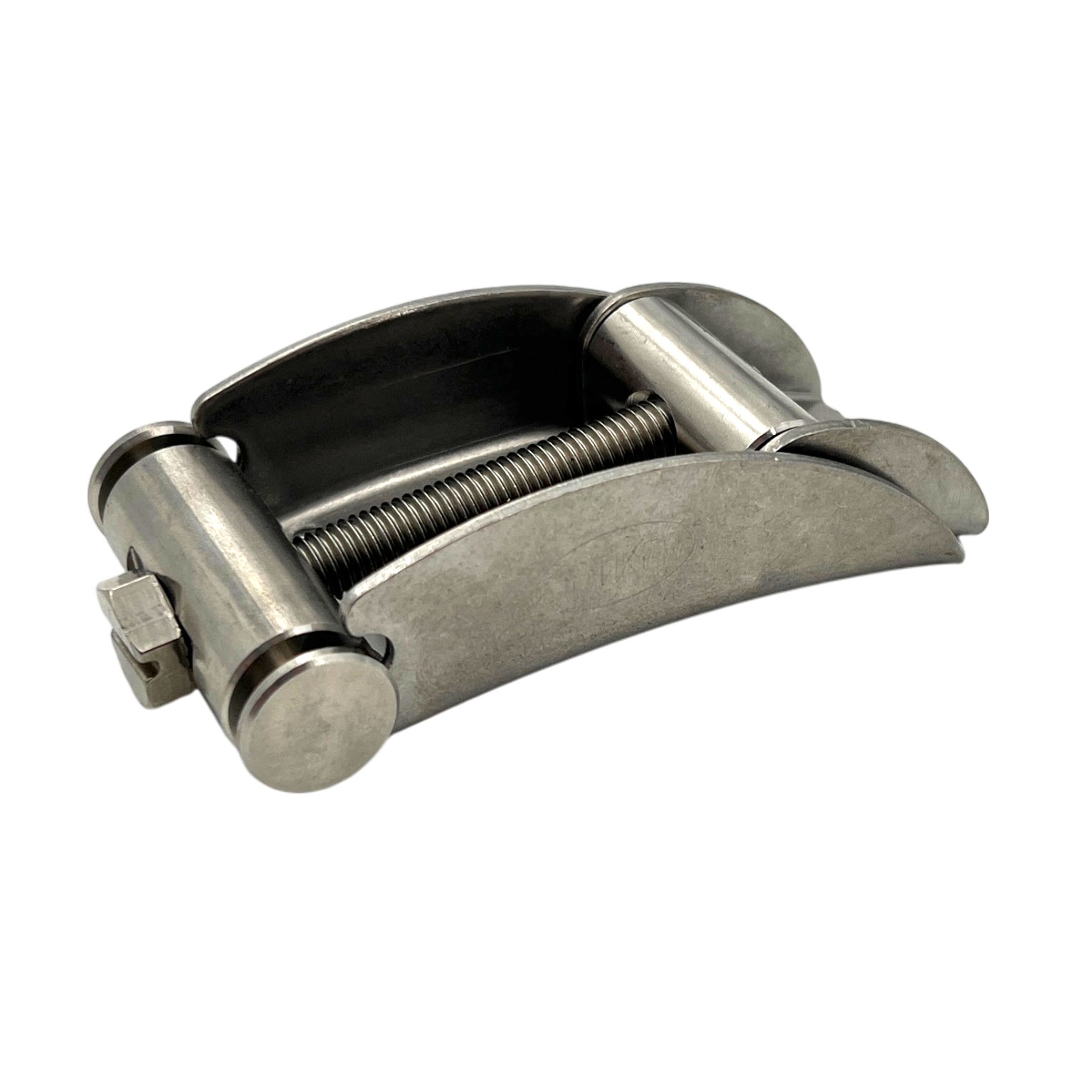 Oetiker Schraubschloss 540R/30+ aus silberfarbenem Edelstahl V2A (1.4301) für 30 mm Bandbreite, mit sichtbarer Gewindestange und Rollen.