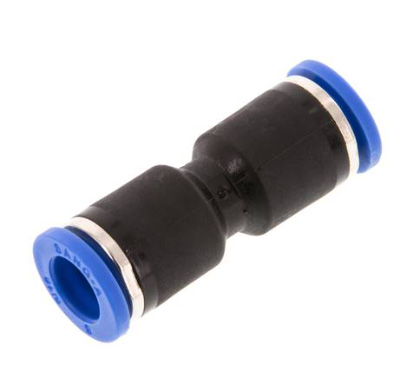Gerader IQS Steckverbinder in Schwarz-Blau für schnelle und sichere Schlauchverbindungen. Ein schwarzer Gerader IQS Steckverbinder mit blauen Löseringen an beiden Enden auf weißem Hintergrund.