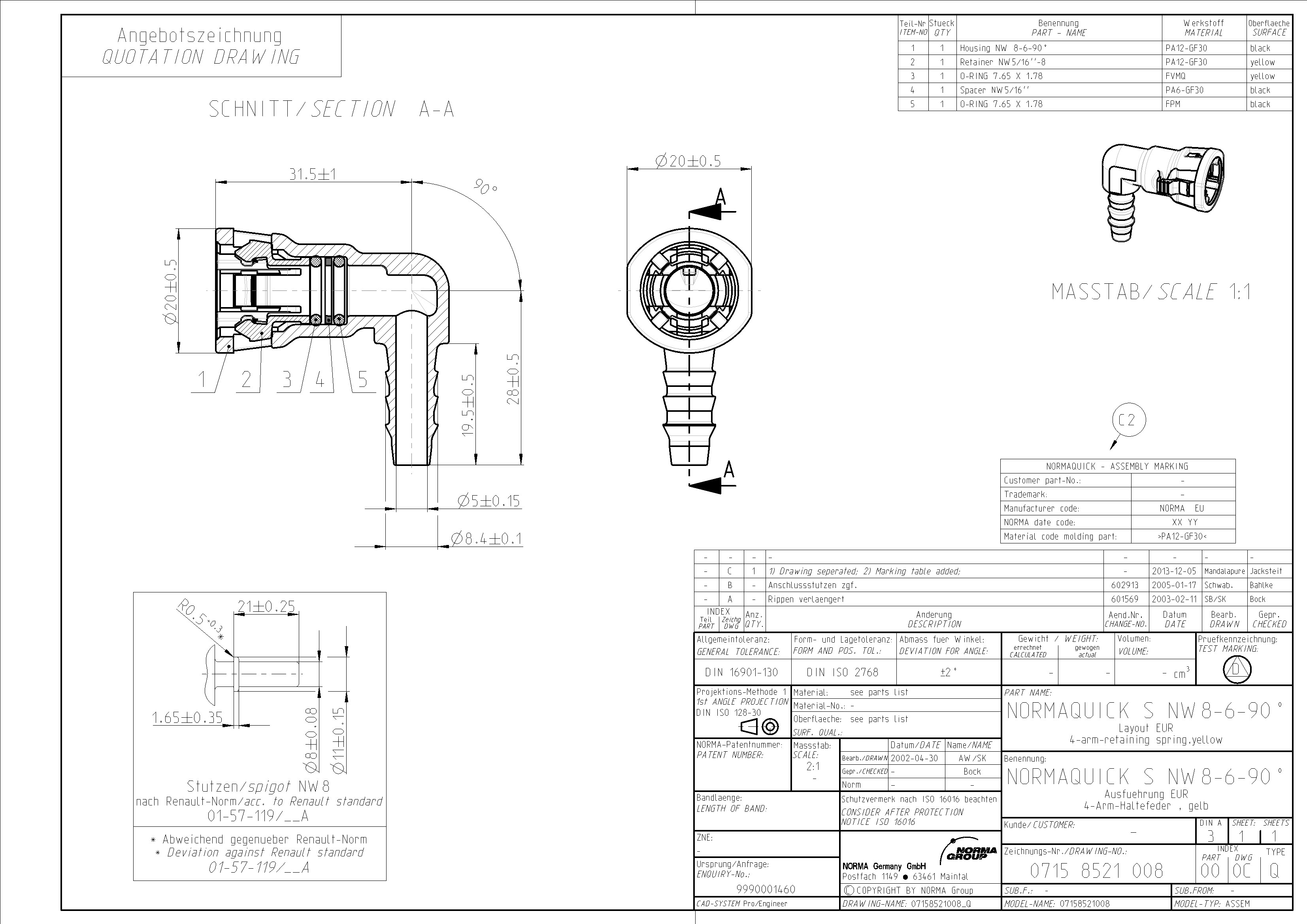 NQ-S Steckverbindung NW 08 - 06 - 90°, mit 6 mm Schlauchanschluss