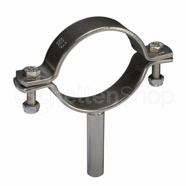 Hochwertige Rohrschelle 352510 aus Edelstahl mit Schaft zum Anschweißen, für Rohre mit einem Außendurchmesser von 60,3 mm. Ideal zur stabilen Befestigung von Rohrleitungen. Rohrschelle 352510 mit Schaft zum Anschweißen, aus glänzendem Edelstahl für Rohre mit 60,3 mm Durchmesser.