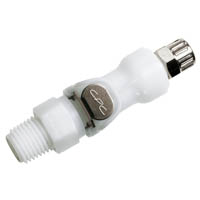 PLC-Serie CPC-Kupplung: Weisse Kunststoffkupplung mit Gewinde und CPC-Logo. Weisse, längliche Kunststoffkupplung der PLC-Serie CPC-Kupplung mit Gewindeanschluss an einem Ende und einem silberfarbenen CPC-Logo im Mittelteil.