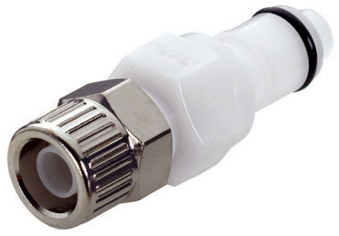 APCD20006 CPC Stecker: Präzisions-Klemmringverschraubung aus weißem Kunststoff und silberfarbenem Metall für Rohre mit 9,5 mm AD / 6,4 mm ID, ausgestattet mit integriertem Absperrventil. APCD20006 CPC Stecker 9,5 mm AD / 6,4 mm ID, Klemmringverschraubung mit Absperrventil, weiß und silberfarben.