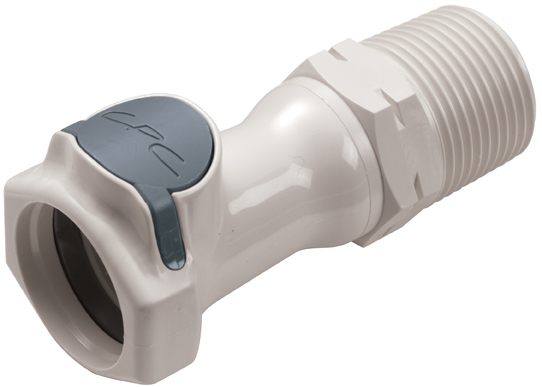 HFC101235BSPT Schnellverschlusskupplung aus weißem Kunststoff mit grauem Entriegelungsknopf, 3/4 Zoll BSPT Außengewinde und EPDM-Dichtung, ohne Absperrventil.