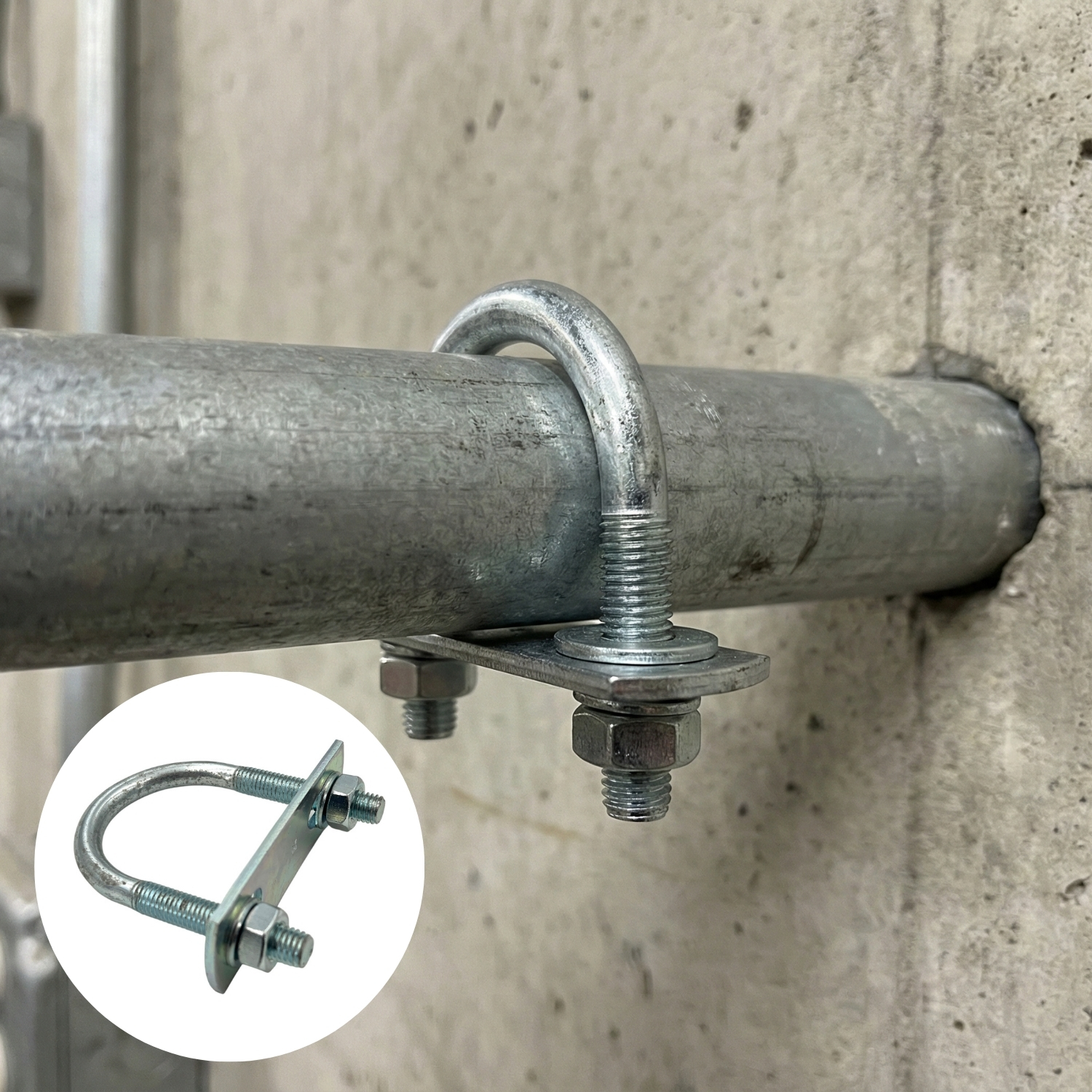 Rundstahlbügel DIN 3570 befestigt ein verzinktes Metallrohr sicher an einer rauen Betonwand. Ein Detailbild zeigt den Bügel mit Gewindenden, Unterlegscheiben und Muttern.