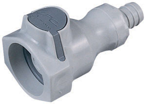 95600 - CPC-Kupplung mit 12,7 mm Schlauchanschluss, mit Absperrventil, FDA, Silikon-O-Ring (UDC) Hellgraue 95600 CPC-Kupplung mit Absperrventil, 12,7 mm Schlauchanschluss und Silikon-O-Ring, FDA-konform, in Nahaufnahme.