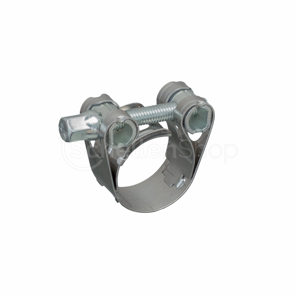 NORMA Gelenkbolzenschelle GBS M (DIN 3017) – 18 mm Bandbreite – Robuste Verbindung für Schläuche und Rohre. NORMA Gelenkbolzenschelle GBS M, Bandbreite 18 mm, DIN 3017, aus glänzendem Metall, in Nahaufnahme auf weißem Hintergrund.