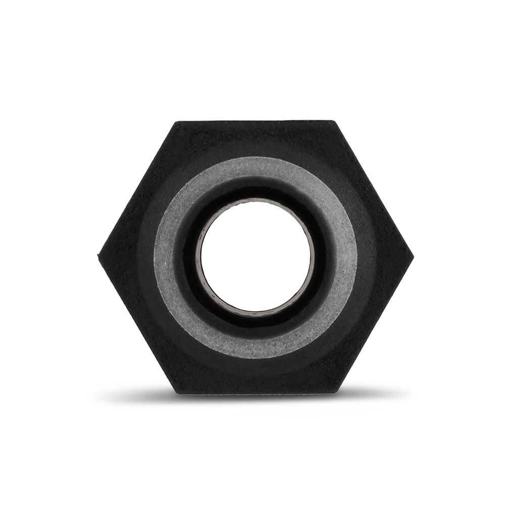 Detailansicht: GES gerade Einschraubstutzen | Gewindetülle aus dunkelgrauem Kunststoff, sechseckig mit präziser runder Öffnung. GES gerade Einschraubstutzen, Gewindetülle aus Kunststoff, sechseckig, dunkelgrau mit mittiger runder Öffnung.