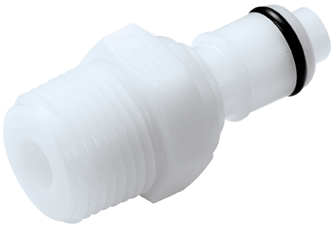 APCD24006 CPC Stecker, weißer Kunststoffverbinder mit 3/8 Zoll NPT Außengewinde und integriertem Absperrventil.
