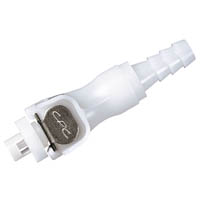 PMC-Serie CPC-Kupplung: Robuste weiße Schnellkupplung aus Kunststoff für zuverlässige Verbindungen. Weiße Kunststoff-Schnellkupplung der PMC-Serie CPC-Kupplung mit geripptem Schlauchanschluss und sichtbarem Verriegelungsmechanismus mit Metallclip.