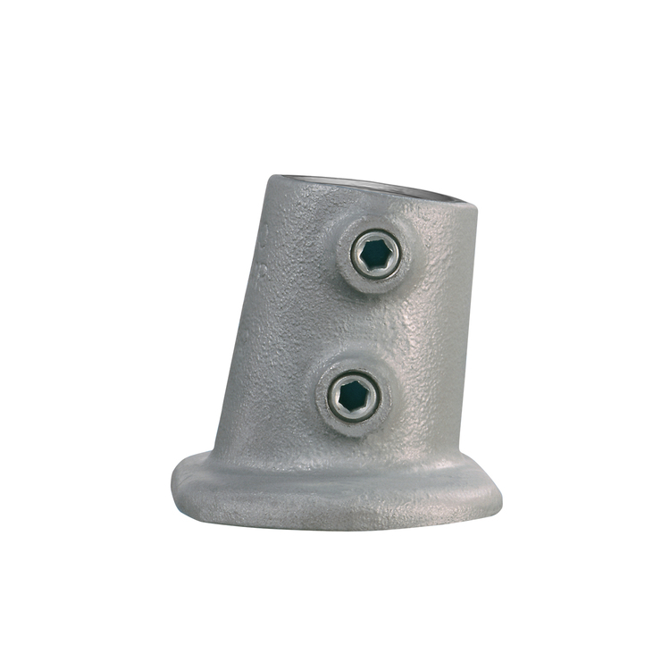 Fußplatte Typ 12S – variabler Winkel für leichte Rohrneigungen. Robuste Metallhalterung zur stabilen Montage von Rohren mit leichter Neigung. Fußplatte Typ 12S – variabler Winkel für leichte Rohrneigungen, aus grauem Metall, mit zwei sichtbaren Inbusschrauben an der Seite.
