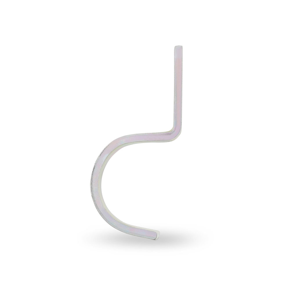 BSL DIN 72571 für eine Leitung: Robuster, gebogener Metallhaken zur sicheren Kabelführung. BSL DIN 72571: Gebogener Metallhaken zur Führung einer Leitung, silbern glänzend.