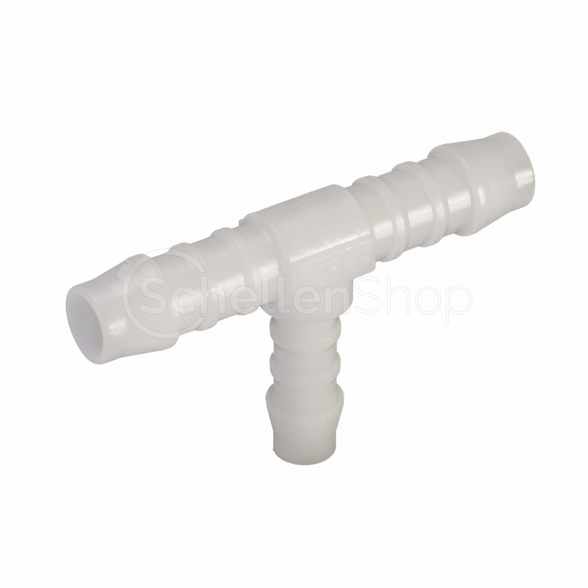 NORMA TRS T-Reduzierstutzen Schlauchverbinder: Weißer T-förmiger Kunststoff-Schlauchverbinder zur sicheren Reduzierung und Verzweigung von Schlauchleitungen. NORMA TRS T-Reduzierstutzen Schlauchverbinder aus weißem Kunststoff mit drei gerippten Anschlüssen.